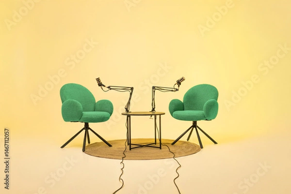 Fototapeta Podcast setup featuring two chairs and microphones in a vibrant educational space for interviews