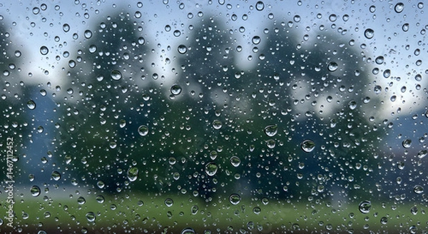 Obraz Raindrops On Window Glass During A Gloomy Rainy Day With Forest Background
