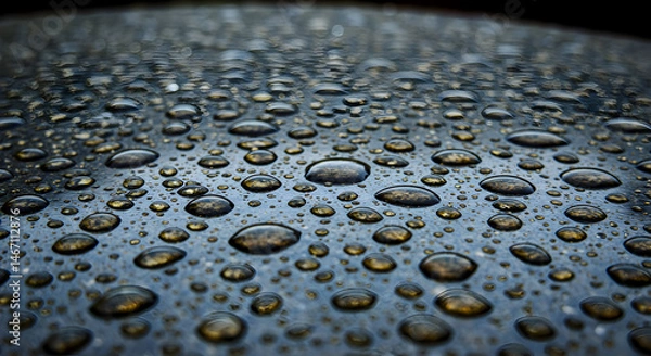 Obraz Aromatic Droplets Dance: Glistening Reflections on a Metallic Surface