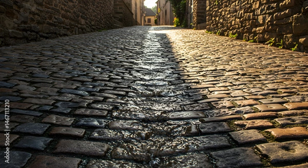 Obraz Cobblestone Street In An Ancient European Village With Tranquil Water Flow
