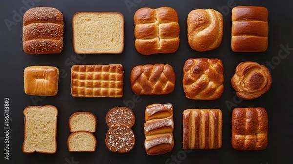 Obraz Various breads are arranged neatly on a dark background. It is ideal for food blog, restaurant menu, or recipes.