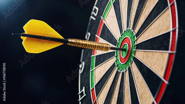 Fototapeta A yellow dart hits the bullseye on a dartboard, symbolizing precision and accuracy in a game of darts.