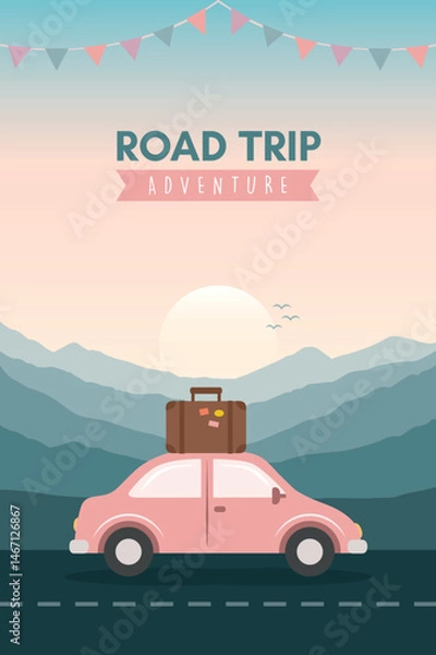 Obraz road trip adventure in the wilderness car on mountain landscape vector illustration