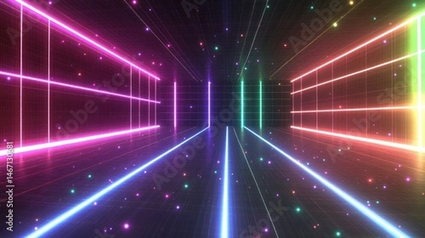 Fototapeta Neon glowing corridor with colorful lights