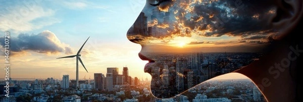 Fototapeta A woman's face is shown in a painting with a city skyline in the background