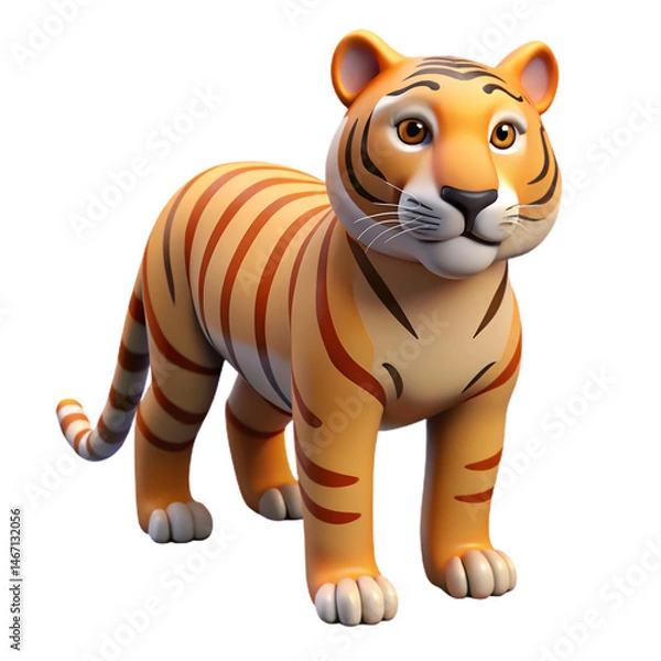 Obraz Adorable Cartoon Tiger 3D Render. Cute Orange Striped Big Cat
