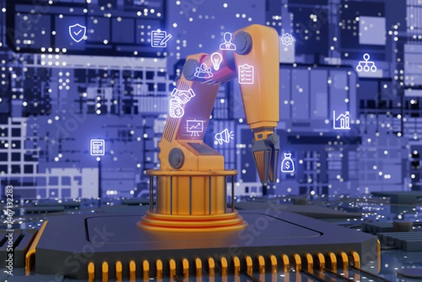 Fototapeta A robot is shown with a lot of icons on it