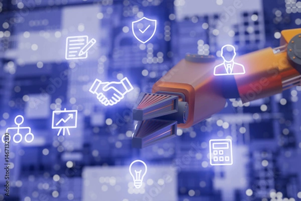 Obraz A robot arm with a blue background and a lot of icons on it