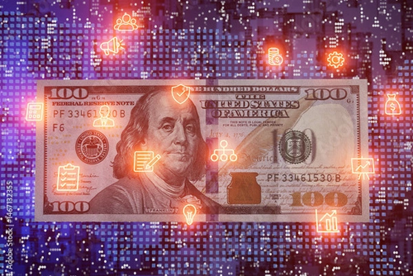 Obraz A dollar bill with a bunch of icons on it, technological background