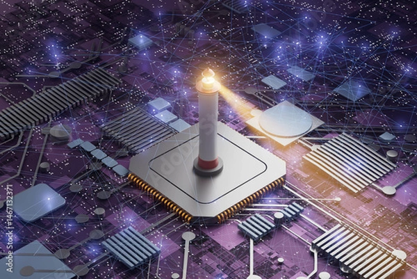 Obraz A computer chip with a lighthouse on top of it