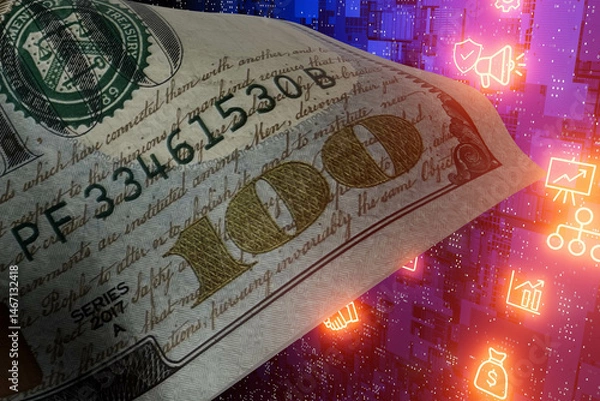 Obraz A dollar bill with a bunch of icons on it, technological background
