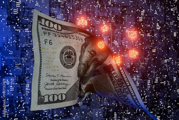 Obraz A dollar bill with a bunch of icons on it, technological background