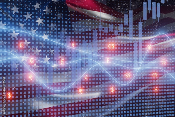 Obraz A computer screen with a lot of numbers and a flag in the background