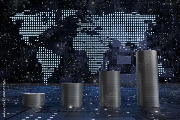 Obraz A stack of coins is shown on a blue background with a world map
