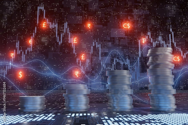 Fototapeta A stack of coins is shown on a blue background with a world map