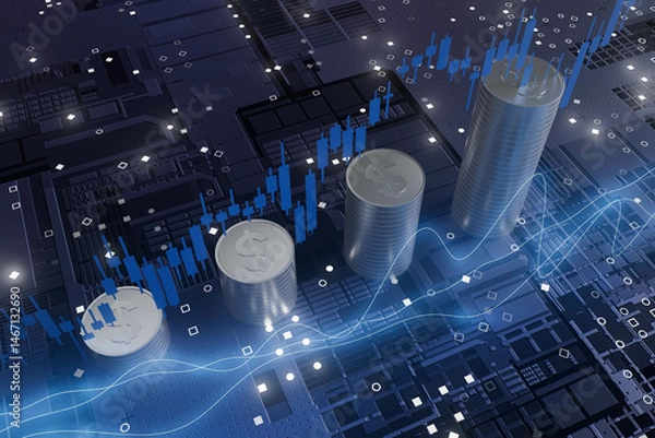 Obraz A computer screen shows a graph of a stock market with four silver coins on it