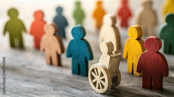 Obraz Wooden figures symbolizing discrimination and lack of inclusion for disabled person in a wheelchair