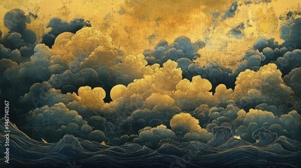 Fototapeta Abstract Japanese Golden Clouds Over a Dark Sea
