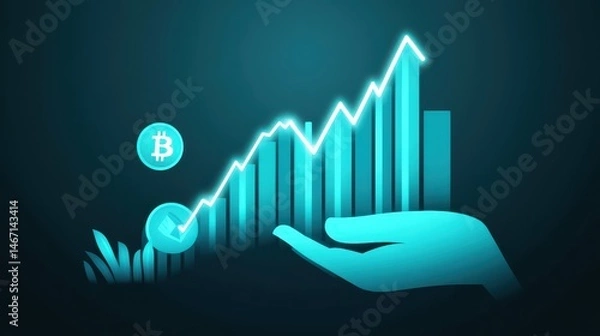 Obraz Cryptocurrency investment growth concept with upward trend chart and bitcoin symbols on a turquoise background for digital finance future