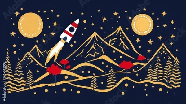Obraz Pixelated space odyssey rocket launch illustration under twin moons in a surreal mountain landscape vector adventure design