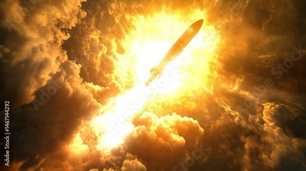 Obraz Powerful rocket launch emitting intense light through turbulent clouds a symbol of technological advancement and aerospace innovation
