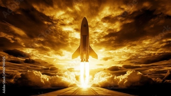 Obraz Blazing rocket launch against golden sky symbolizing innovation exploration future technology ambition space program and scientific progress