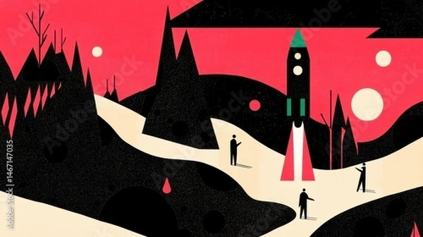 Obraz Retro Pixel Art Rocket Launch Illustration People on Fantasy Planetscape in Sci-Fi Digital Painting Space Exploration Theme Design