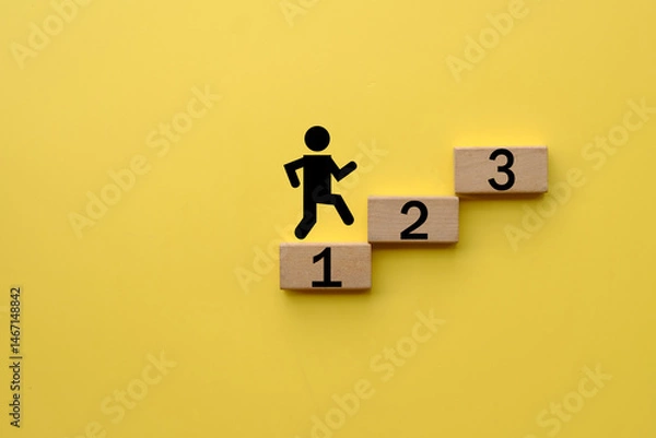 Obraz Person Walking Up Steps with Numbers 1, 2, 3 on Yellow Background, Ideal for Personal Growth,Goal Achievement,Progress, Success,Motivational Concept.