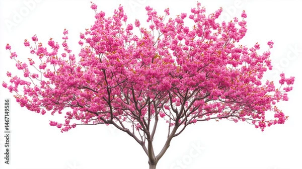 Fototapeta A close-up of bright pink cherry tree flowers stands out beautifully on a white isolated background.
