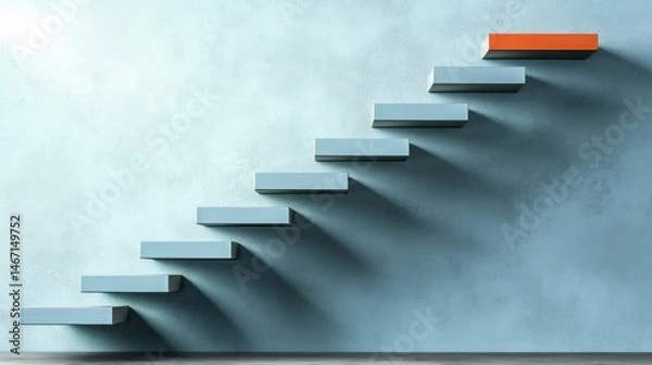 Fototapeta Orange stairs symbolize upward steps of progress, growth, and development leading to career success, achievement, and ultimate goal against a bold wall backdrop.