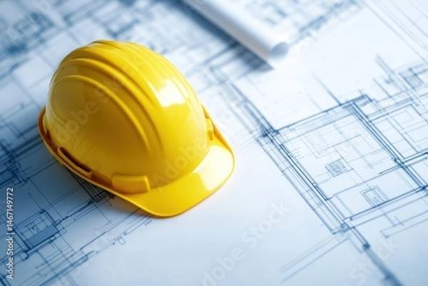 Fototapeta Engineer and architect wearing hardhat and helmet review blueprint and technical drawing for construction project plan, ensuring safety and development on work site in industry