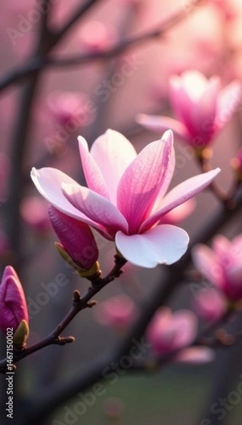 Fototapeta Pink magnolia flower branch, soft light, springtime setting , branch, elegant, flora