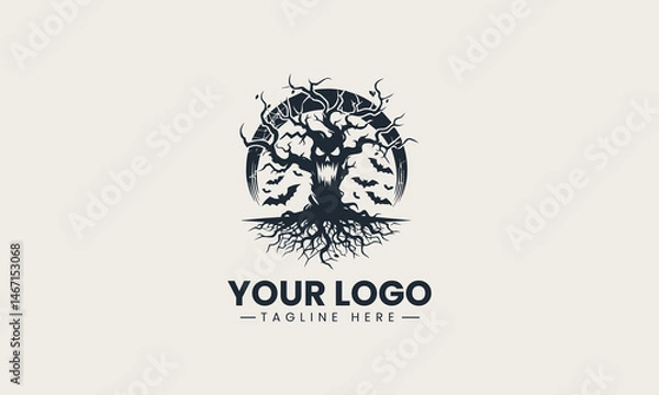 Fototapeta Dark twisted tree with creepy face in silhouette style vector logo illustration design
