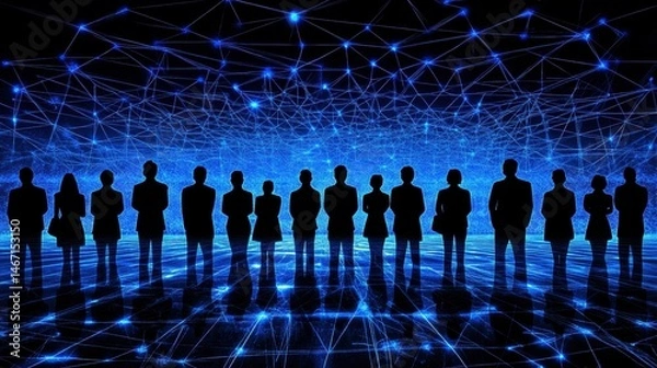 Obraz Silhouetted figures in a connected blue digital space reflecting light and technology symbolizing collaboration and future innovation