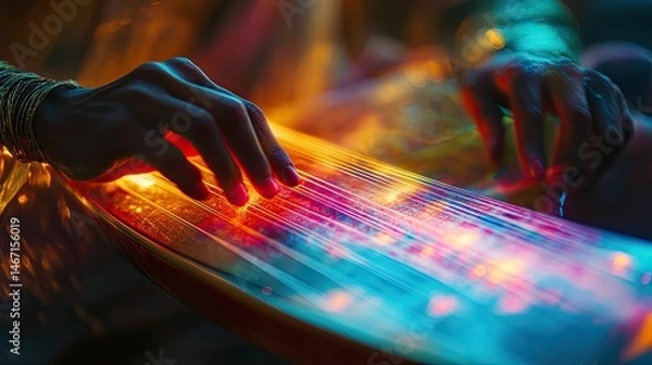 Obraz Illuminated strings, hands playing vibrant instrument.