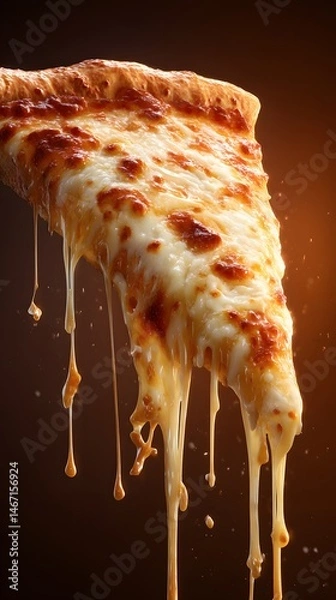 Fototapeta A delicious slice of pizza with melted cheese dripping against a dark background.
