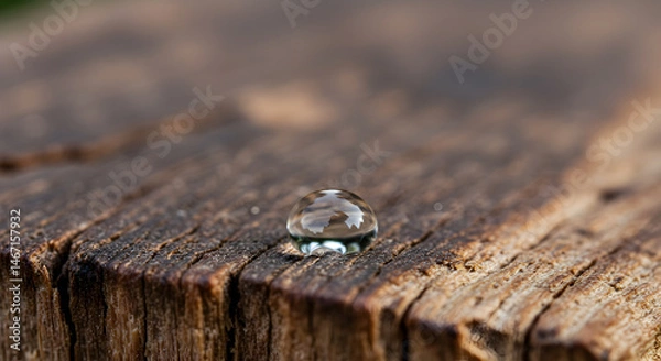 Fototapeta Water Droplet On Aged Wooden Surface Reflecting the Blurred Background