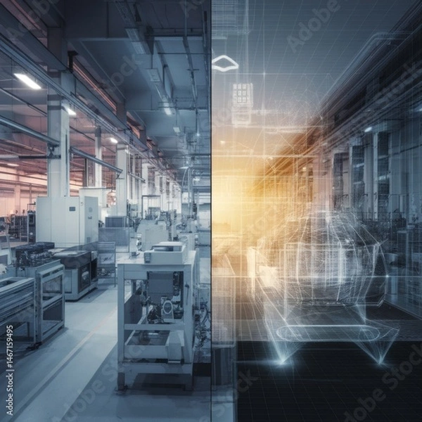 Fototapeta A split‑screen visual of a manufacturing plant and its digital twin, with virtual sensors and status overlays mirroring real‑world machinery.