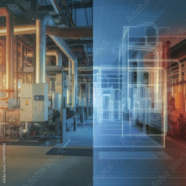 Fototapeta A split‑screen visual of a manufacturing plant and its digital twin, with virtual sensors and status overlays mirroring real‑world machinery.