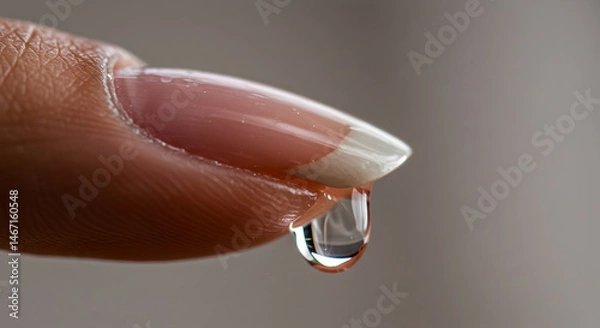 Fototapeta Water Droplet Reflecting Light On Fingernail Displaying Freshness And Hydration