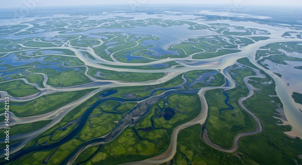 Obraz Aerial View Of River Delta With Green Landscape And Winding Waterways