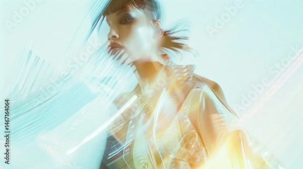 Obraz Female fashion model portrait with rainbow prism holographic light effects background creating motion blur and dreamy atmosphere