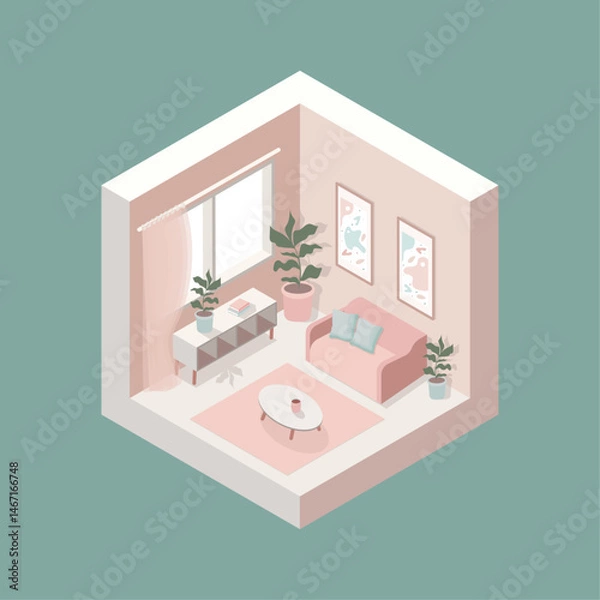 Fototapeta Isometric vector illustration of a cozy pastel living room with sofa, coffee table, houseplants, and wall decor. Modern and minimal design ideal for interior blogs, home apps, web design