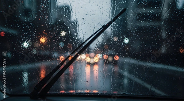 Obraz City Lights Diffused Through a Rain Covered Windshield at Night