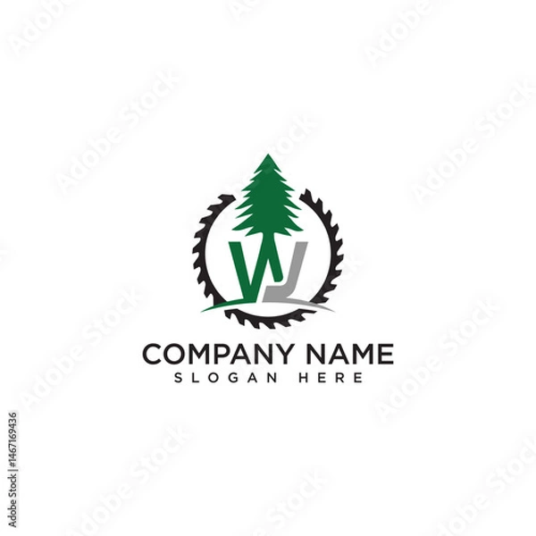 Fototapeta WJ letter with pine tree and sawmill logo design symbol