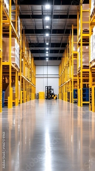 Fototapeta A spacious warehouse with tall yellow racking systems filled with boxes, and a forklift in the middle aisle. The floor is polished concrete