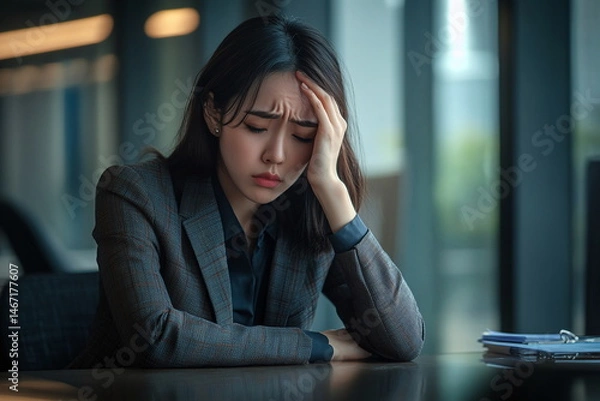Fototapeta Stressed Businesswoman in Office with Head in Hands and Thoughtful Expression