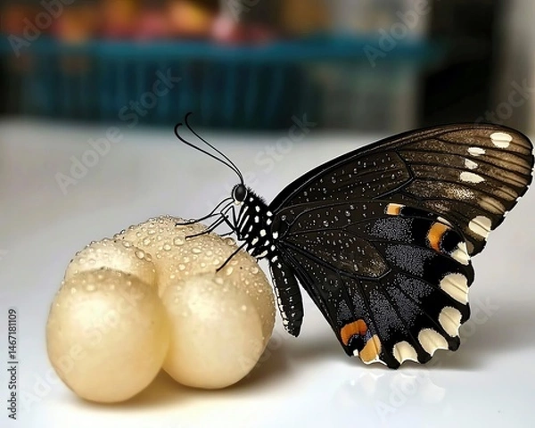 Fototapeta Isolated on white close up of butterfly with dewdrops on wings ultra sharp macro photo realistic style