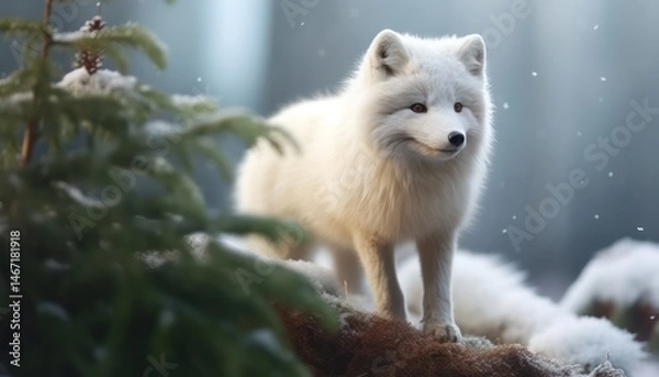 Obraz A Arctic fox stand in the middle of a snowy pine and rock forest