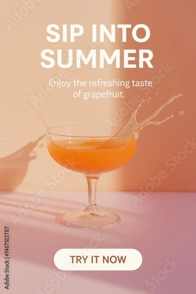 Fototapeta Sip Into Summer – Citrus Cocktail Splash in Warm Light. Summer drink promotions, digital ads, web or app banners, hospitality, beverage branding, lifestyle visuals,  summer vibes, citrus freshness.